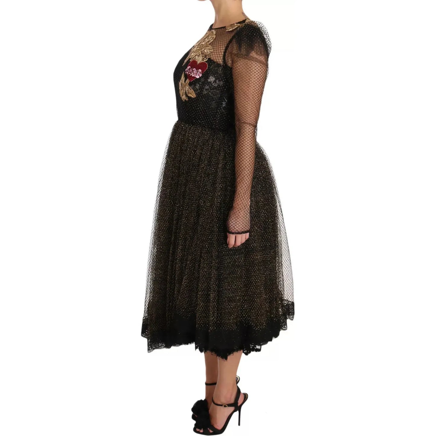 Dolce & Gabbana Black Gold Crystal Heart A-line Dress DR1583-38