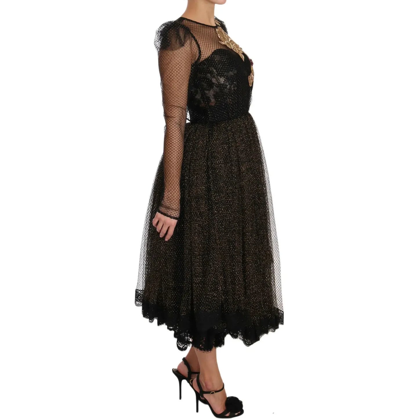 Dolce & Gabbana Black Gold Crystal Heart A-line Dress DR1583-38