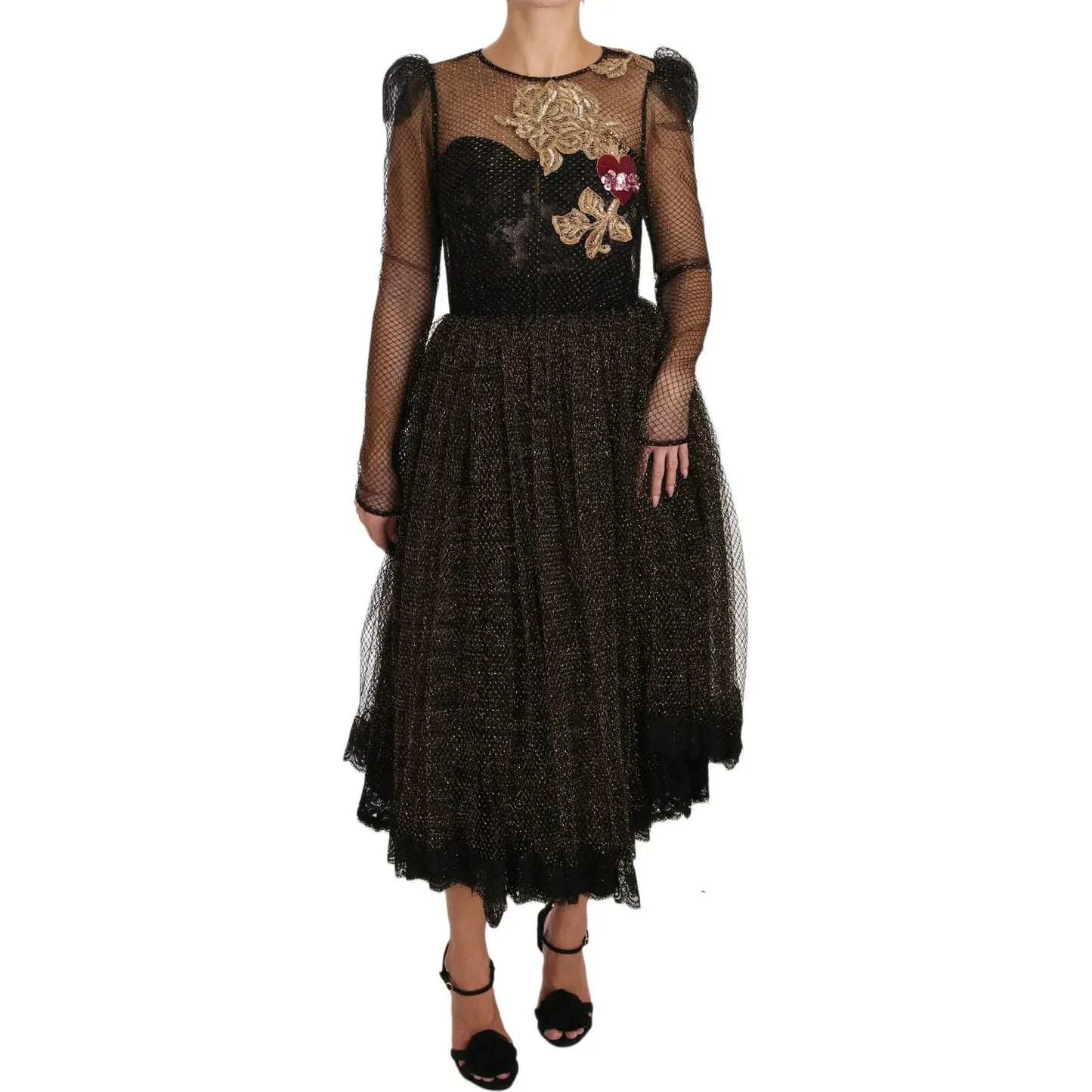 Dolce & Gabbana Black Gold Crystal Heart A-line Dress DR1583-38
