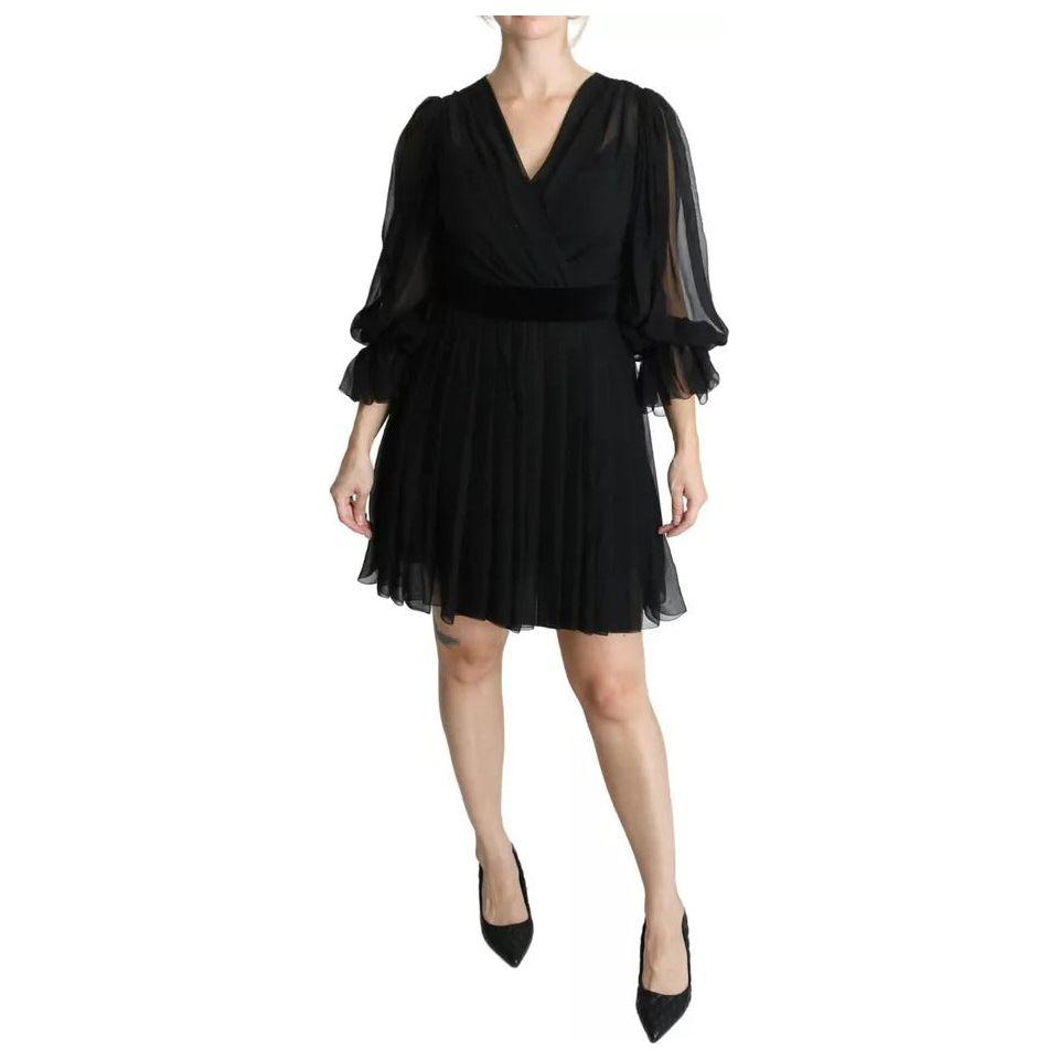 Dolce & Gabbana Black Mesh Pleated Mini Silk Blend Dress DR2644-42