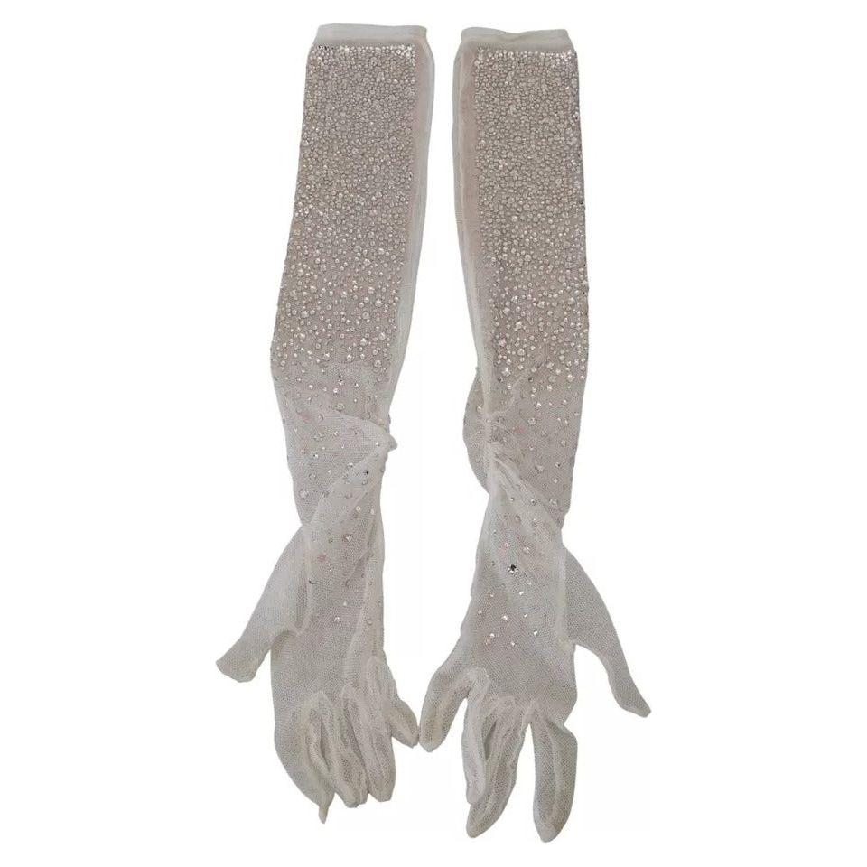 Dolce & Gabbana White Crystal Elbow Length Cotton Tulle Gloves LB3094-7.5
