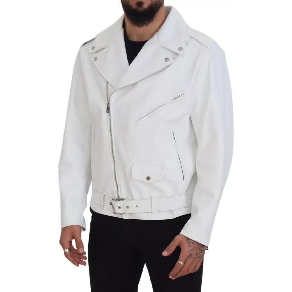 Dolce & Gabbana White Leather Biker Coat Zipper Jacket JKT3430-46