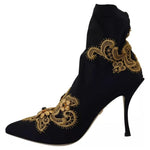 Dolce & Gabbana Black Gold Embroidery Slip On Boots Shoes LA10097-38.5