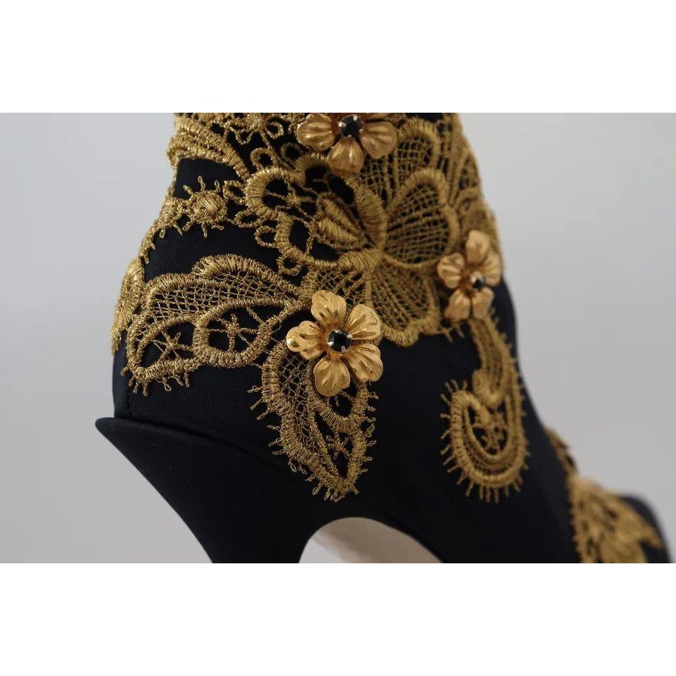 Dolce & Gabbana Black Gold Embroidery Slip On Boots Shoes LA10097-38.5