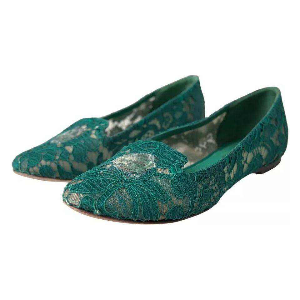 Dolce & Gabbana Green Taormina Lace Slip On Flats Shoes LA10893-36.5