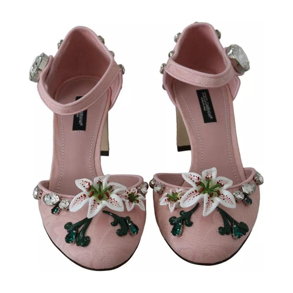 Dolce & Gabbana Pink Brocade Crystal Lily Ankle Strap Shoes LA8269-37