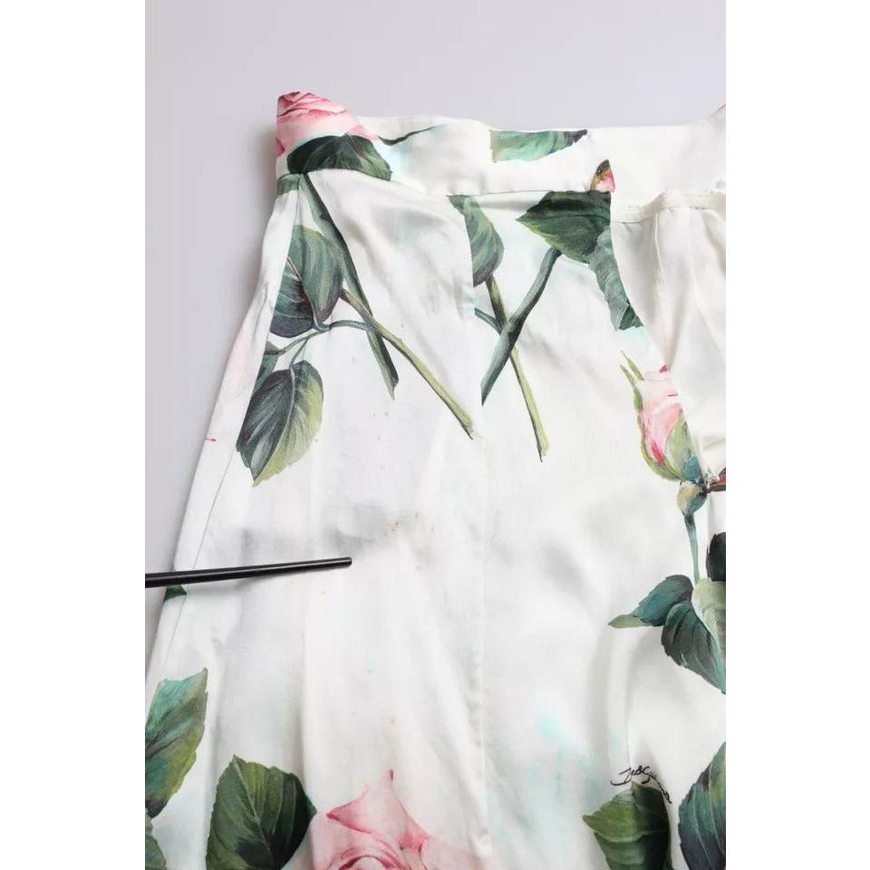 Dolce & Gabbana White Rose Print High Waist Midi A-line Skirt SKI1921-40