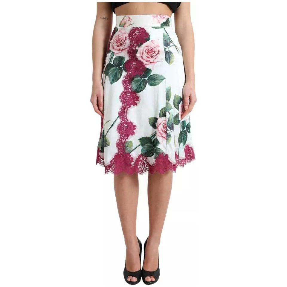Dolce & Gabbana White Rose Print High Waist Midi A-line Skirt SKI1921-40