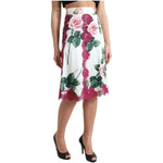 Dolce & Gabbana White Rose Print High Waist Midi A-line Skirt SKI1921-40