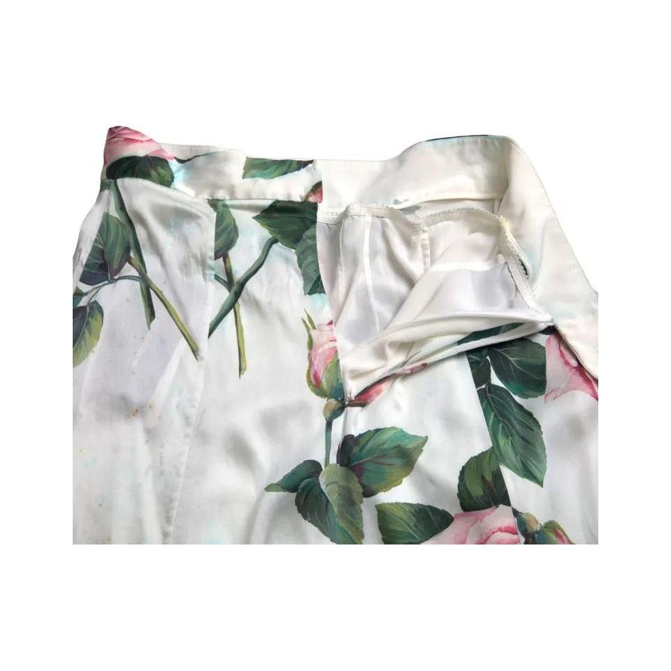 Dolce & Gabbana White Rose Print High Waist Midi A-line Skirt SKI1921-40