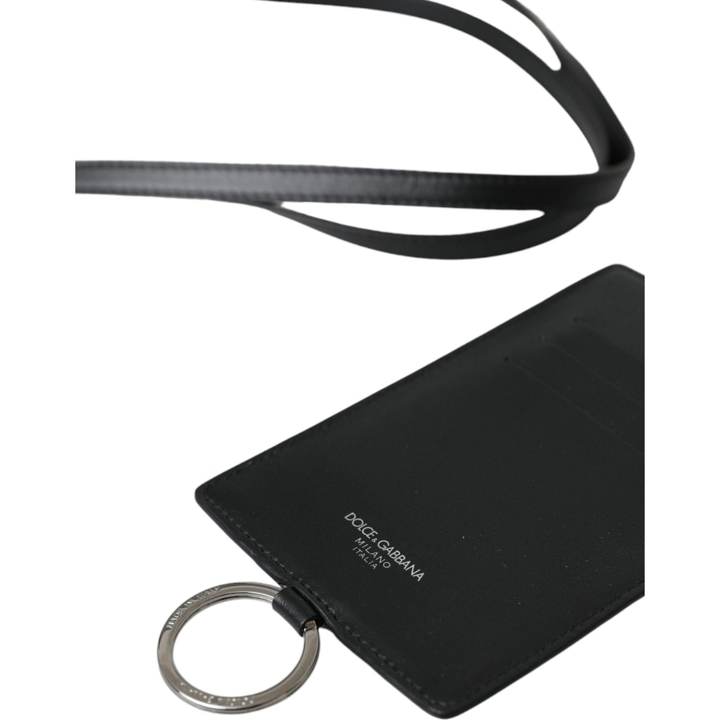 Dolce & Gabbana Black Calf Leather Lanyard Logo Card Holder Men Wallet BAG1451