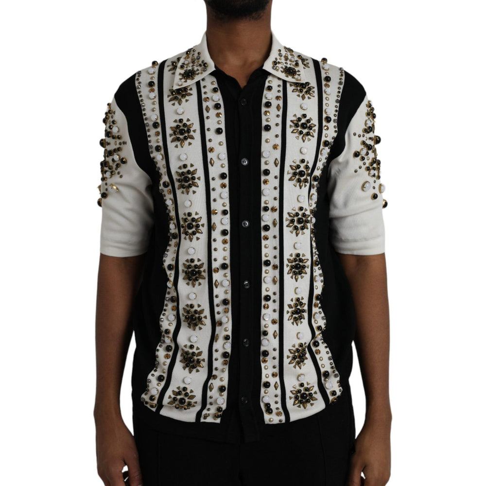 Dolce & Gabbana White Black Silk Studded Stone Crystal Shirt TSH86284-50