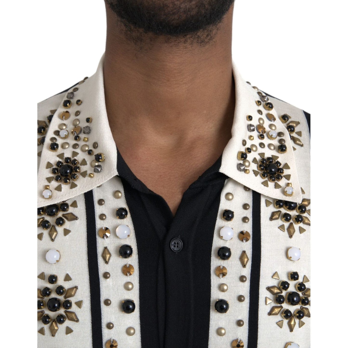 Dolce & Gabbana White Black Silk Studded Stone Crystal Shirt TSH86284-50