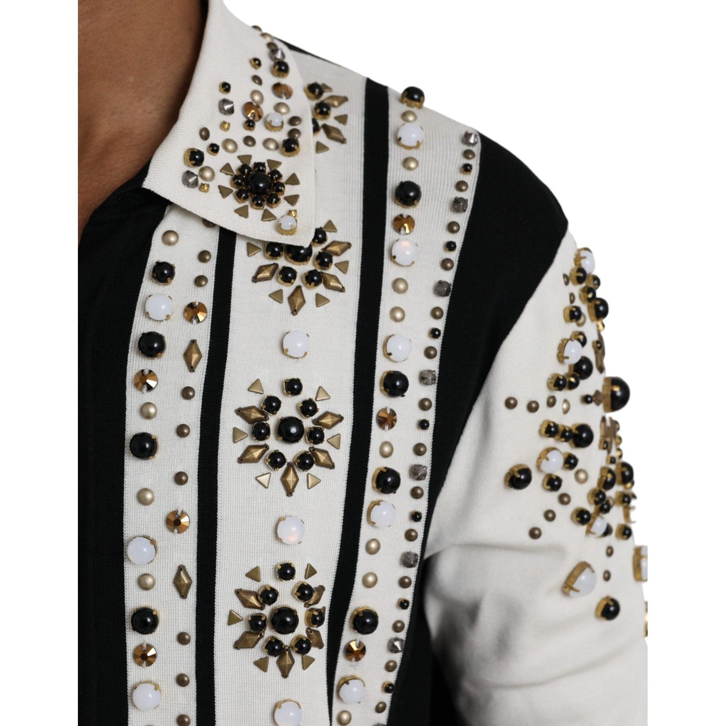 Dolce & Gabbana White Black Silk Studded Stone Crystal Shirt TSH86284-50