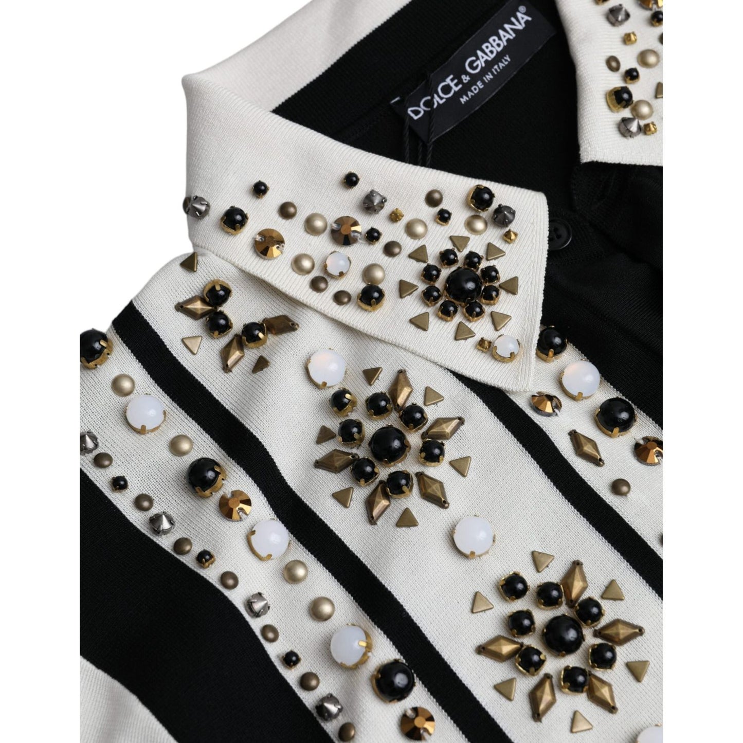 Dolce & Gabbana White Black Silk Studded Stone Crystal Shirt TSH86284-50