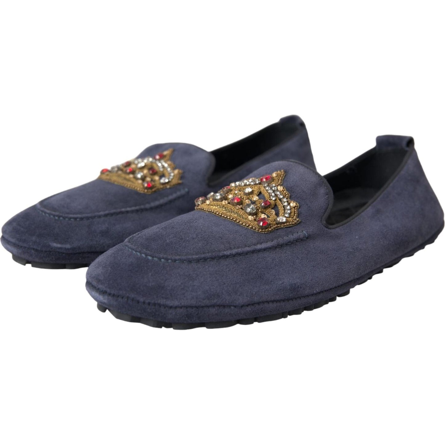 Dolce & Gabbana Blue Leather Suede Crystal Crown Loafers Shoes MV5713-40