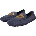 Dolce & Gabbana Blue Leather Suede Crystal Crown Loafers Shoes MV5713-40