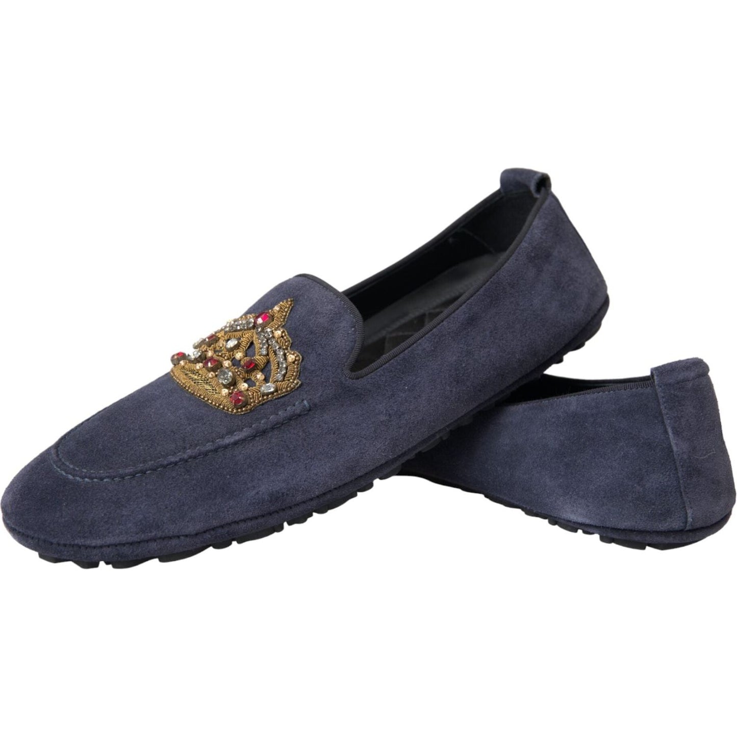 Dolce & Gabbana Blue Leather Suede Crystal Crown Loafers Shoes MV5713-40