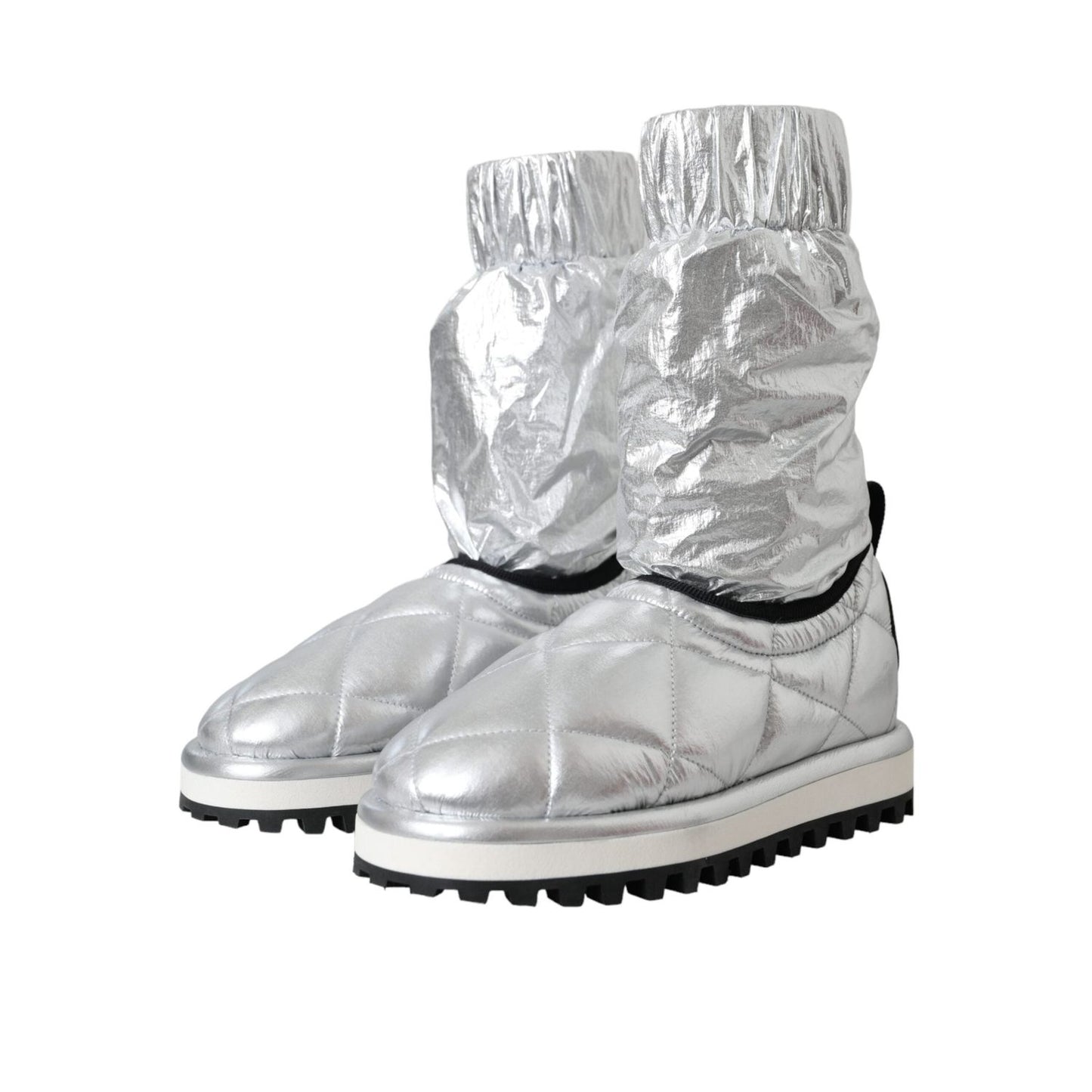 Dolce & Gabbana Metallic Silver Quilted Logo Patch Boot Shoes LA11147-39
