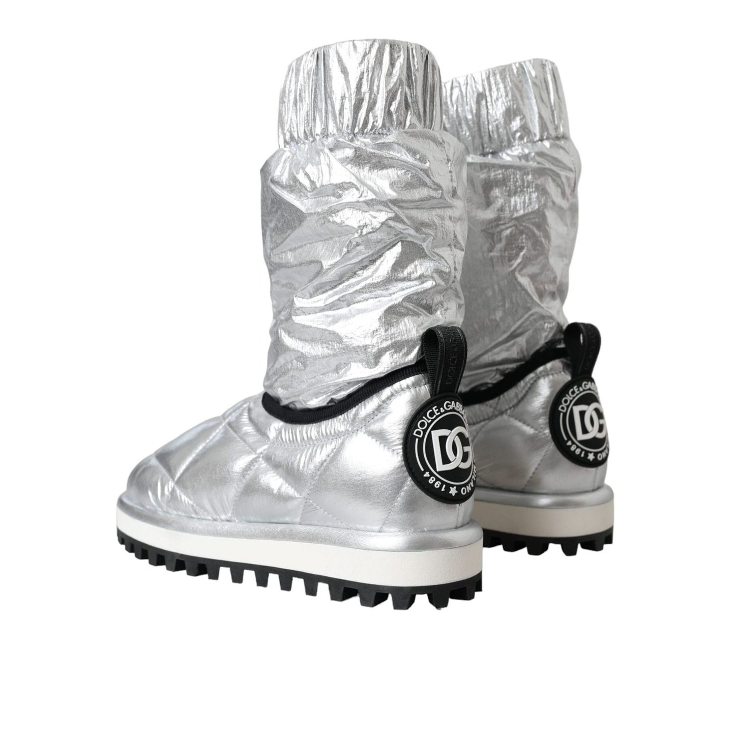 Dolce & Gabbana Metallic Silver Quilted Logo Patch Boot Shoes LA11147-39