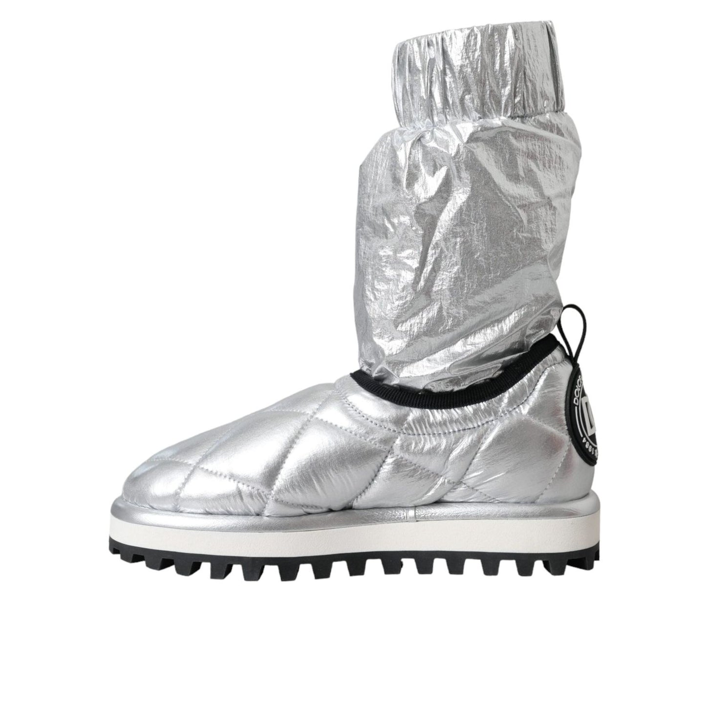 Dolce & Gabbana Metallic Silver Quilted Logo Patch Boot Shoes LA11147-39