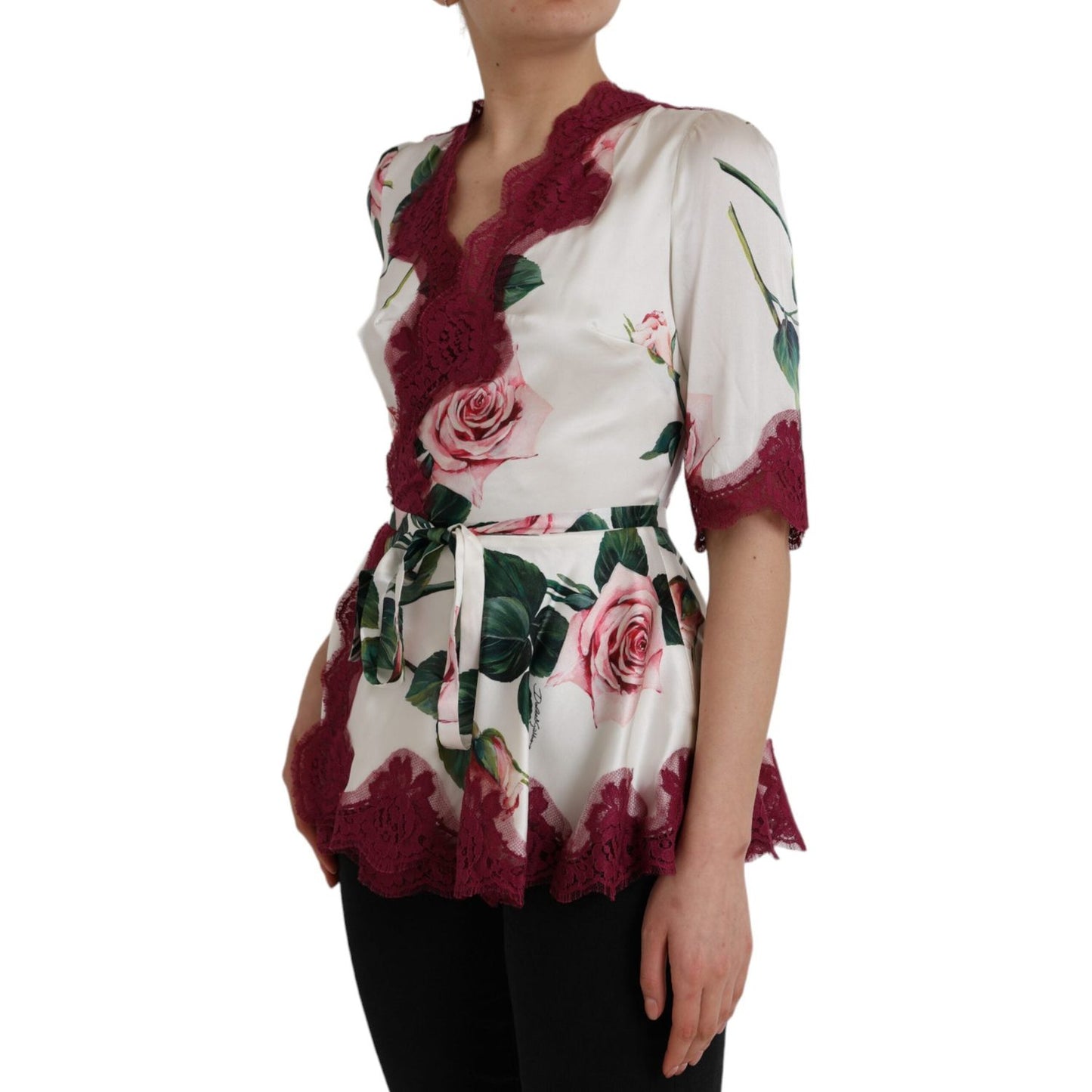 Dolce & Gabbana White Floral Lace Silk Short Sleeves Top TSH852024-42