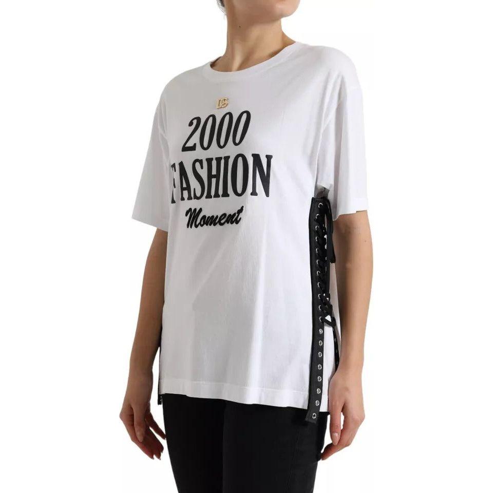 Dolce & Gabbana White Slogan Print Lacing Detailed T-shirt TSH84229-40