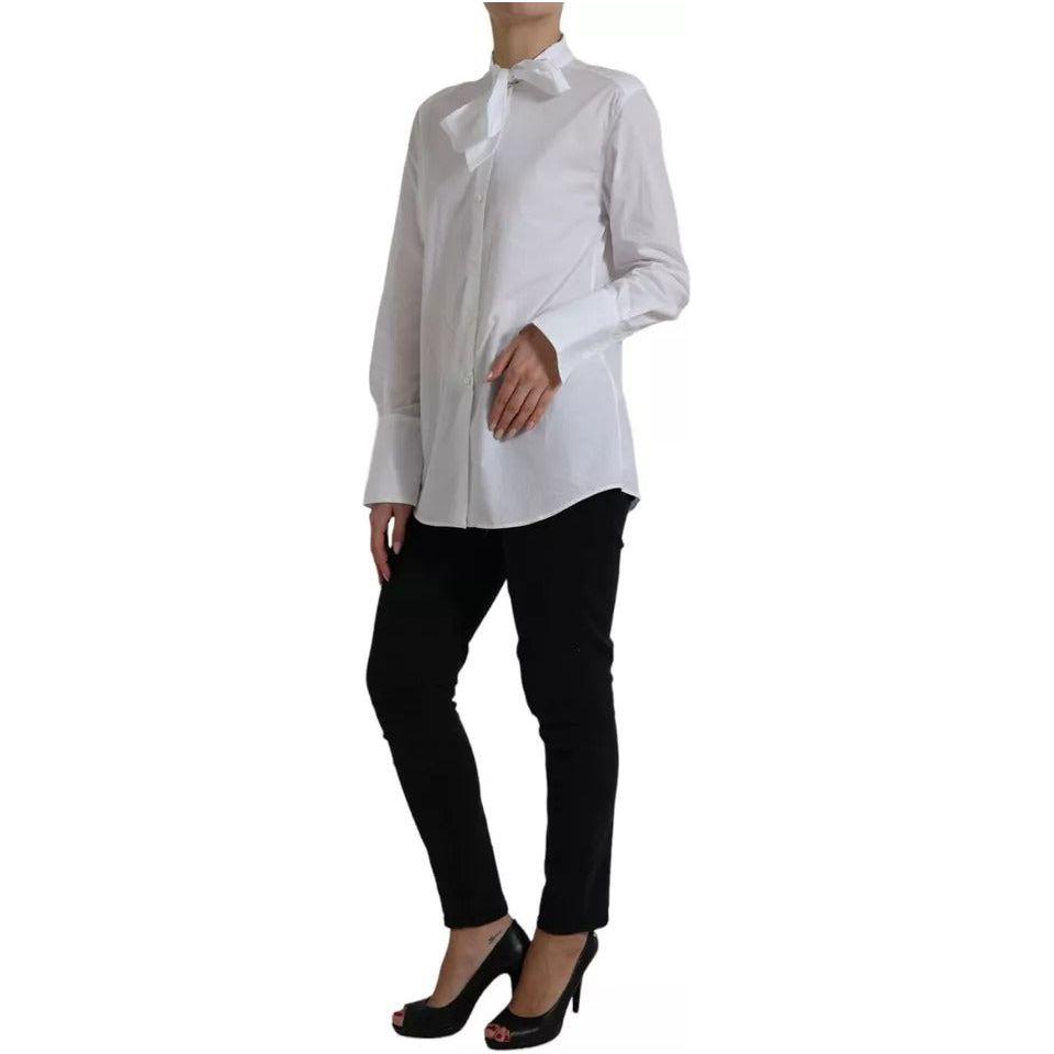 Dolce & Gabbana White Cotton Ascot Collar Long Sleeves Top TSH84509-40