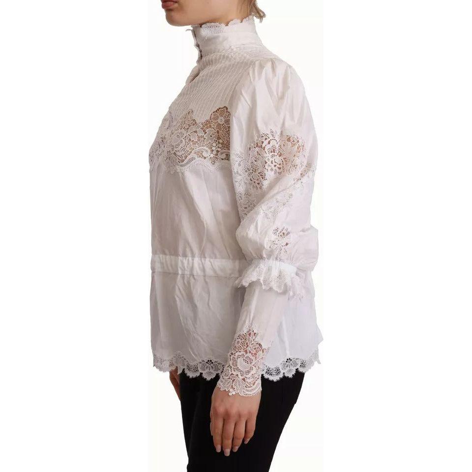 Dolce & Gabbana White Cotton Lace Trim Turtle Neck Blouse Top TSH7468-40