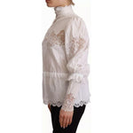 Dolce & Gabbana White Cotton Lace Trim Turtle Neck Blouse Top TSH7468-40