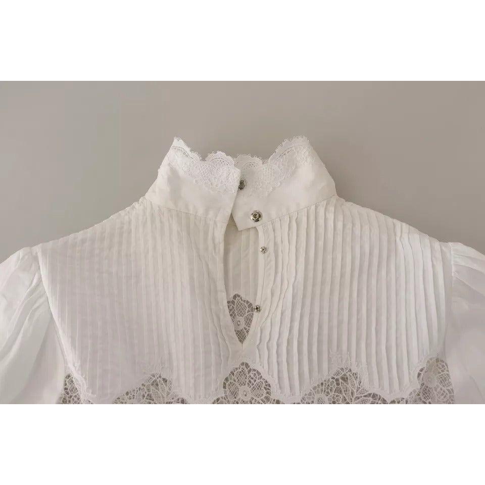 Dolce & Gabbana White Cotton Lace Trim Turtle Neck Blouse Top TSH7468-40