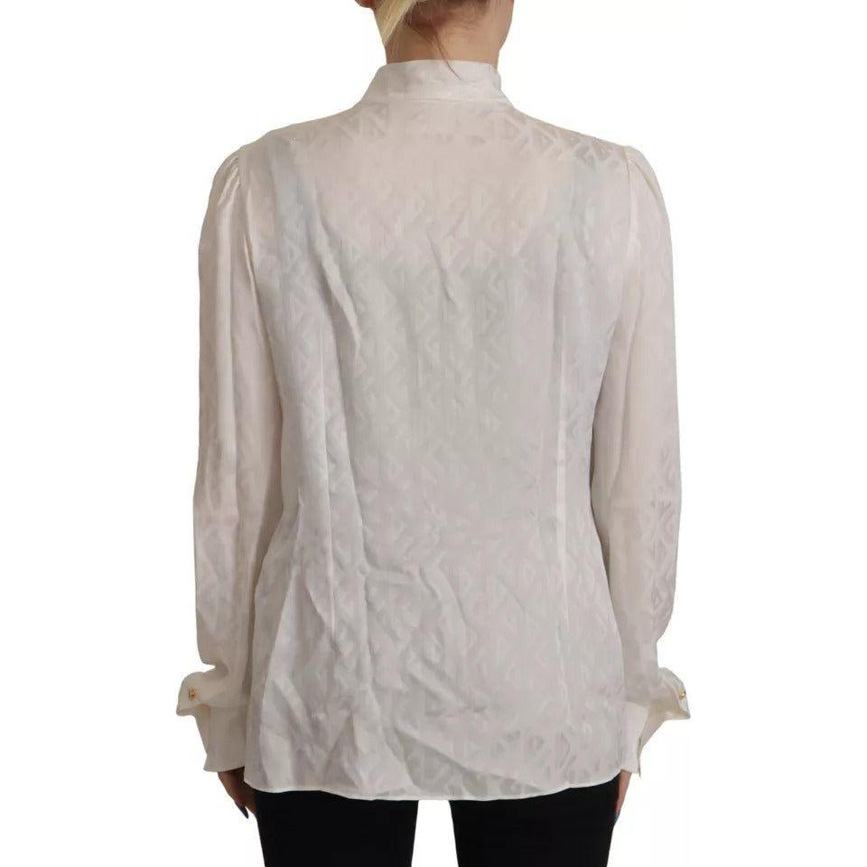 Dolce & Gabbana White Patterned Silk Ascot Collar Blouse Top TSH7824-42