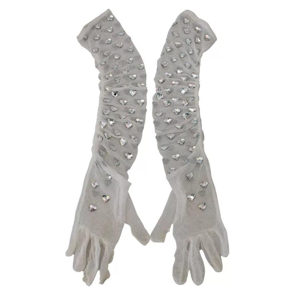 Dolce & Gabbana White Crystal Elbow Length Cotton Tulle Gloves LB3098-7.5