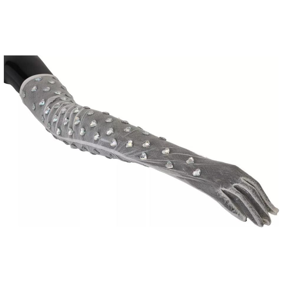Dolce & Gabbana White Crystal Elbow Length Cotton Tulle Gloves LB3098-7.5