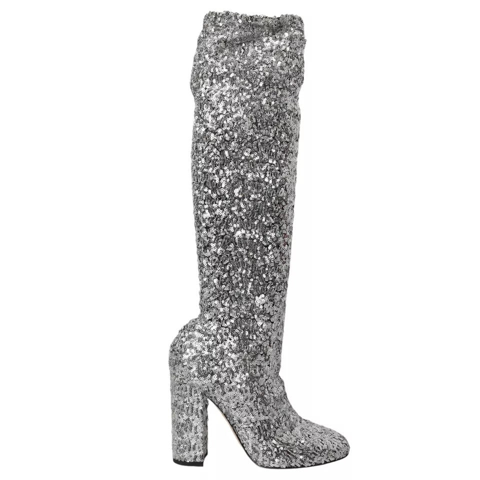Dolce & Gabbana Silver Sequined High Boots Stretch Shoes LA10943-39
