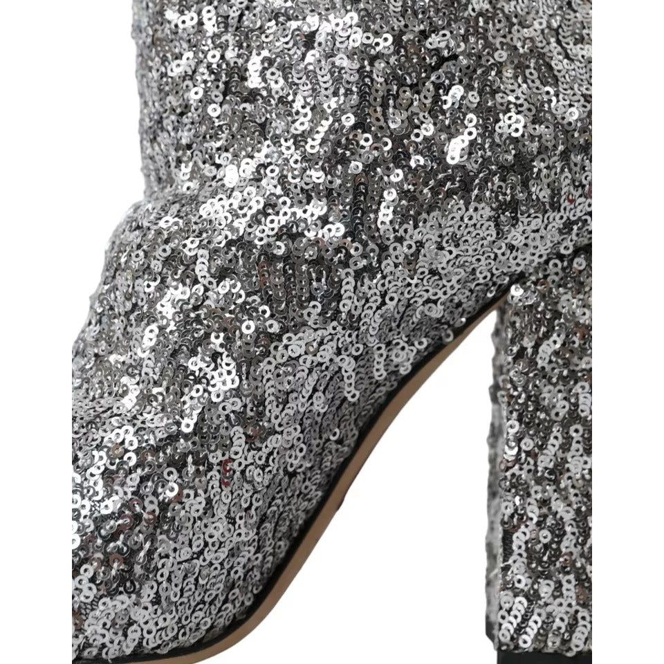Dolce & Gabbana Silver Sequined High Boots Stretch Shoes LA10943-39