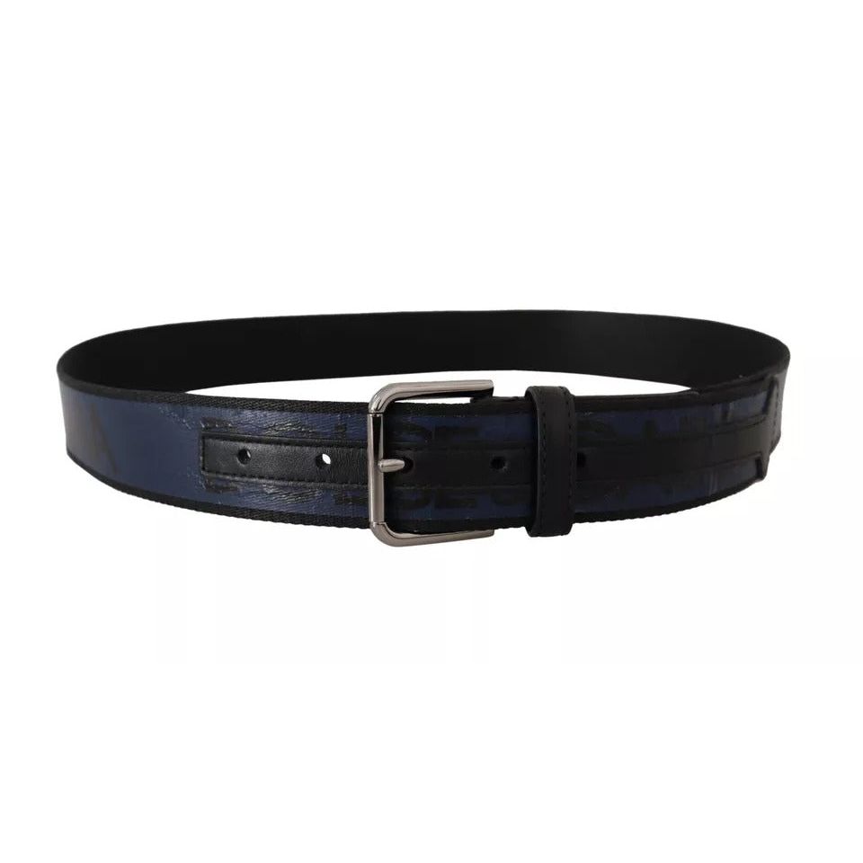Dolce & Gabbana Blue Black Logo Print Silver Buckle Belt -90