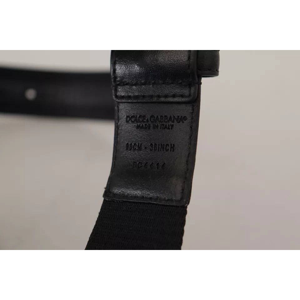 Dolce & Gabbana Blue Black Logo Print Silver Buckle Belt -90