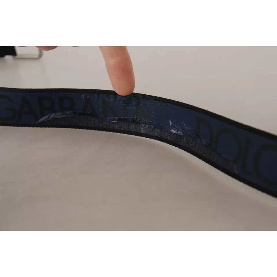 Dolce & Gabbana Blue Black Logo Print Silver Buckle Belt -90