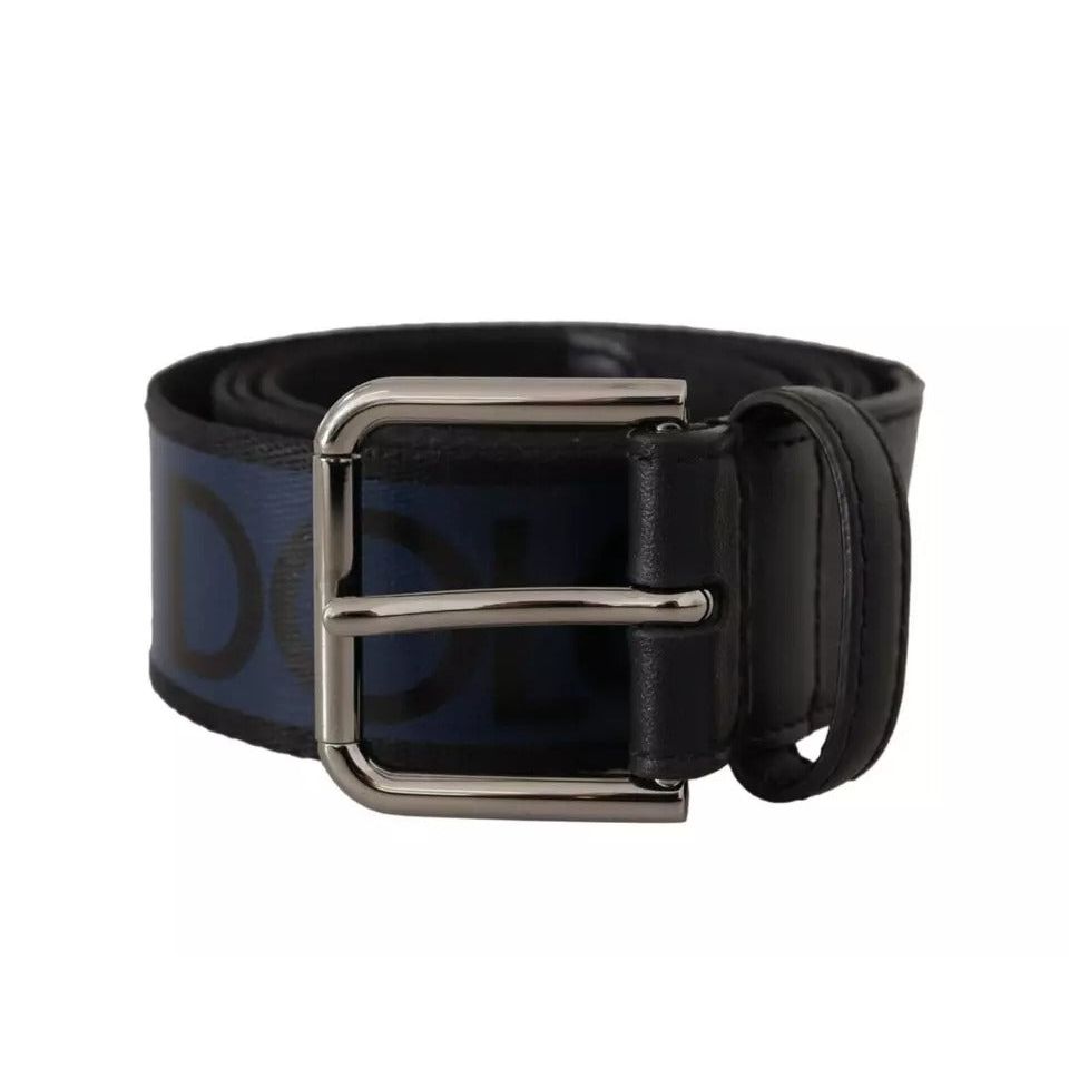Dolce & Gabbana Blue Black Logo Print Silver Buckle Belt -90
