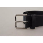 Dolce & Gabbana Blue Black Logo Print Silver Buckle Belt -90