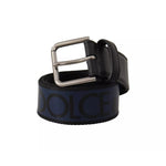 Dolce & Gabbana Blue Black Logo Print Silver Buckle Belt -90