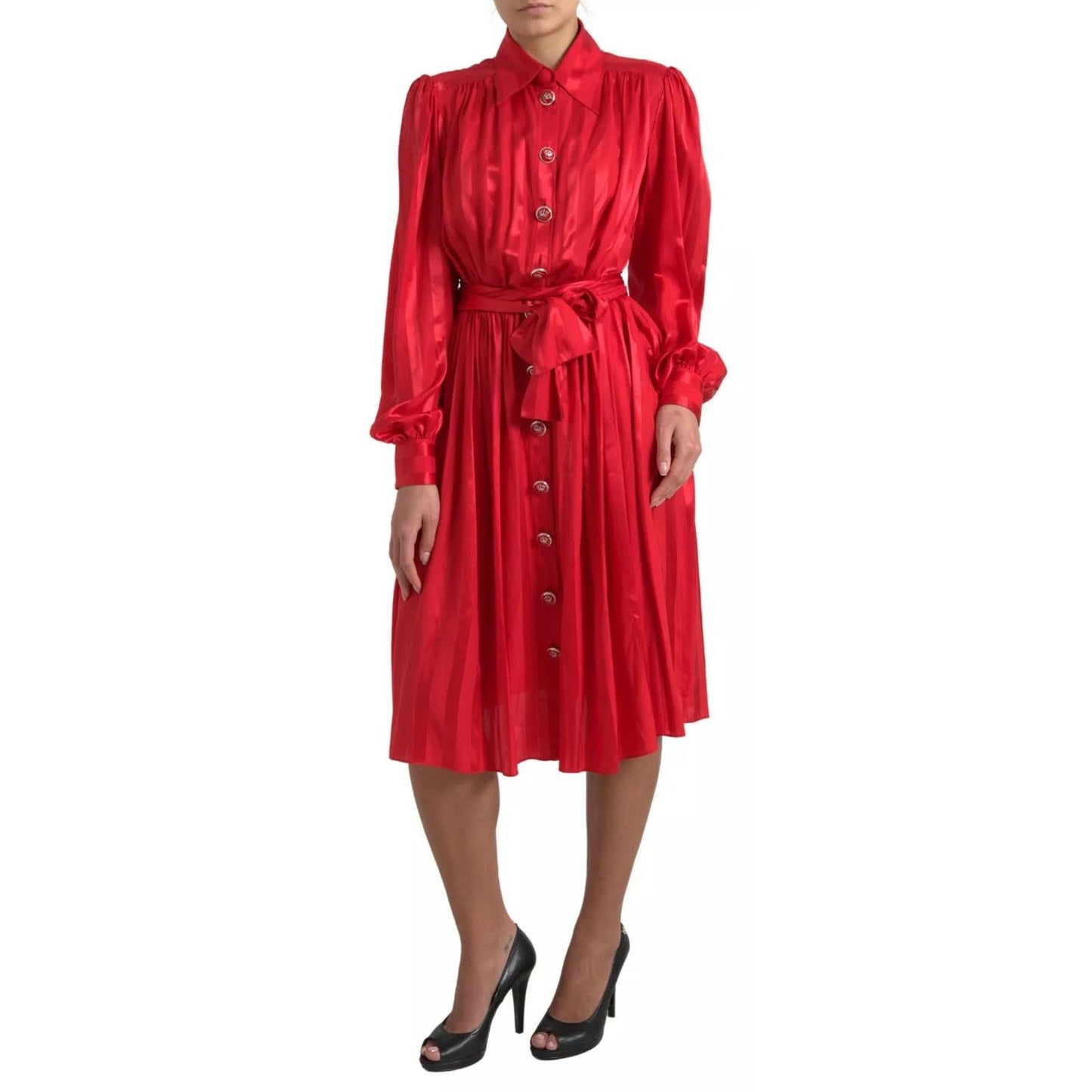 Dolce & Gabbana Red Button Down Belted Midi Satin Silk Dress DR28739 - 44