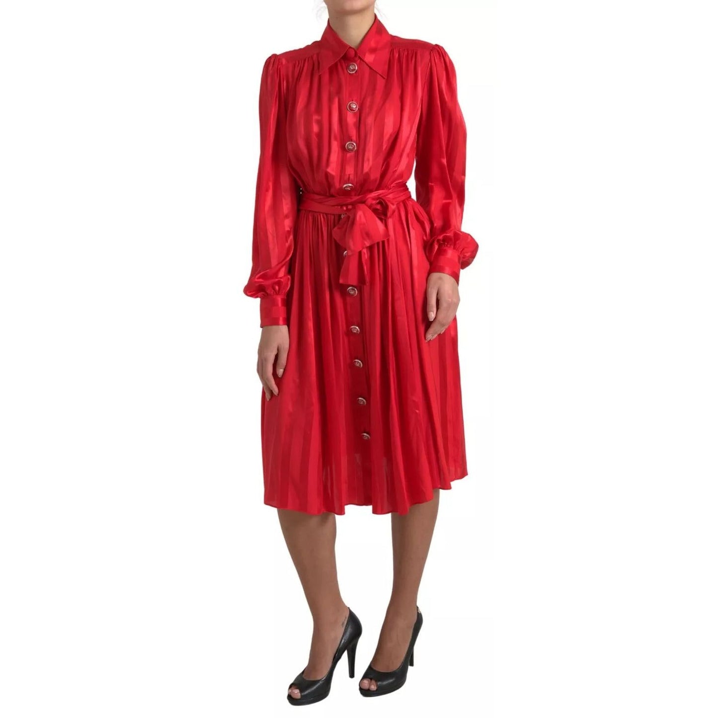 Dolce & Gabbana Red Button Down Belted Midi Satin Silk Dress DR28739 - 44