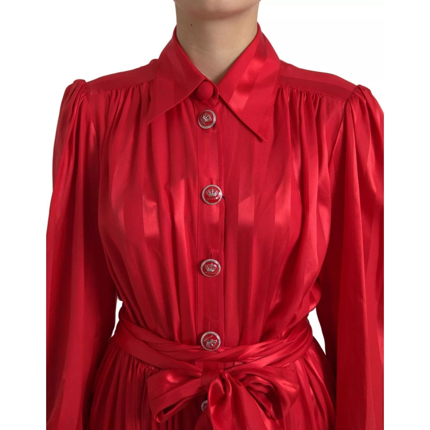 Dolce & Gabbana Red Button Down Belted Midi Satin Silk Dress DR28739 - 44