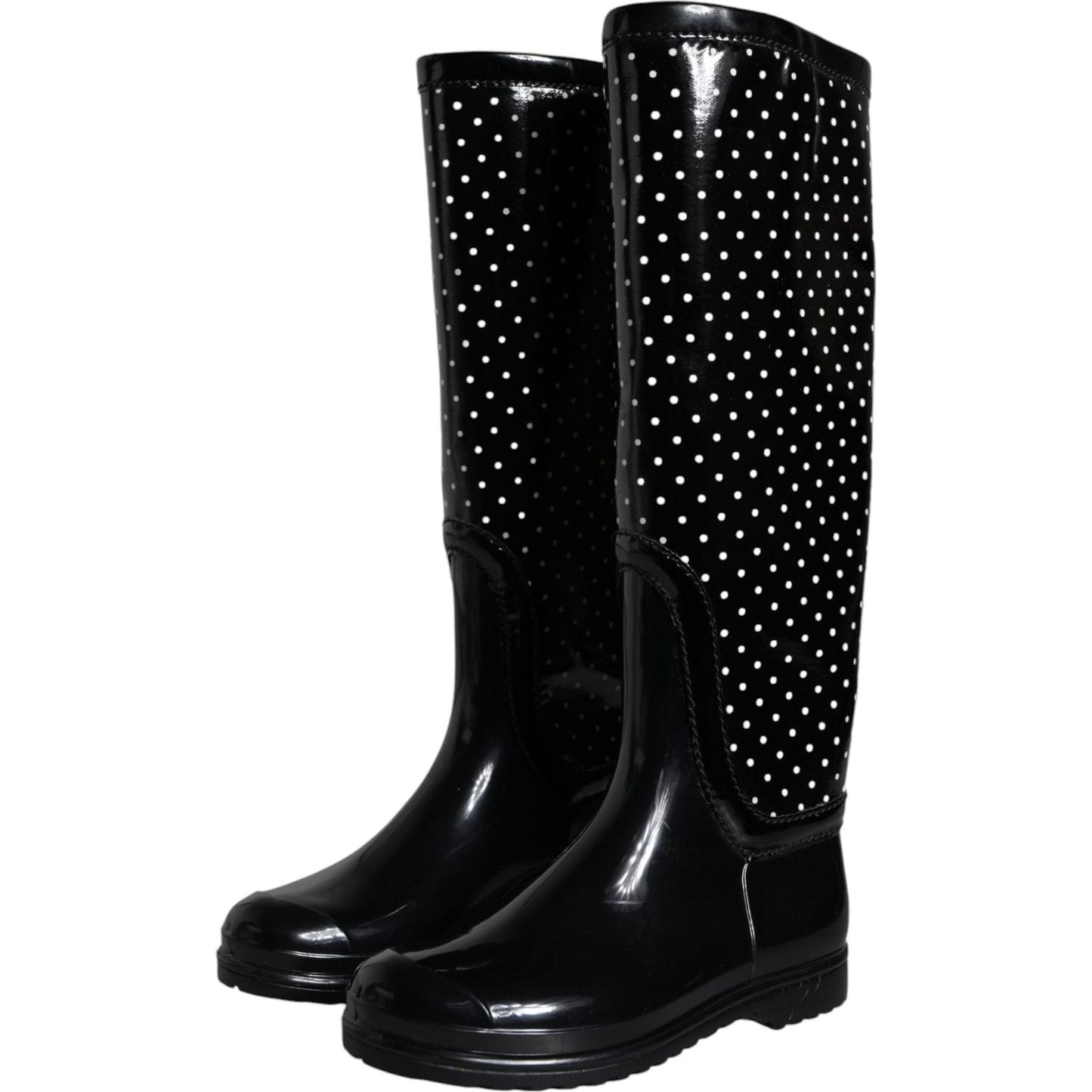 Dolce & Gabbana Black Polka Dot Rubber Knee High Boots Shoes