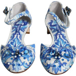 Dolce & Gabbana White Blue Majolica Print Ankle Strap Sandals Shoes LA11626-35