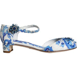 Dolce & Gabbana White Blue Majolica Print Ankle Strap Sandals Shoes LA11626-35