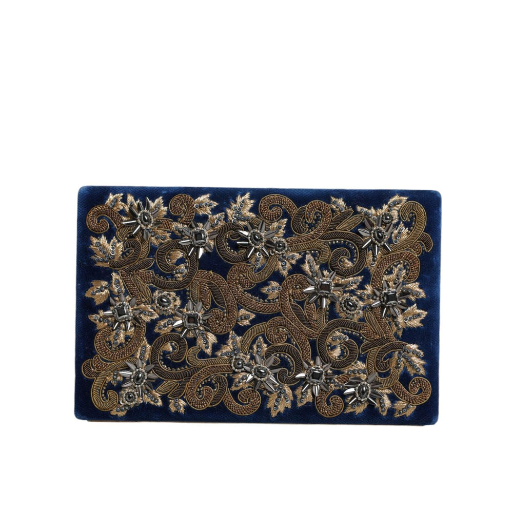 Dolce & Gabbana Blue Velvet Gold Frame Clutch Evening Party Purse Bag BAG1527