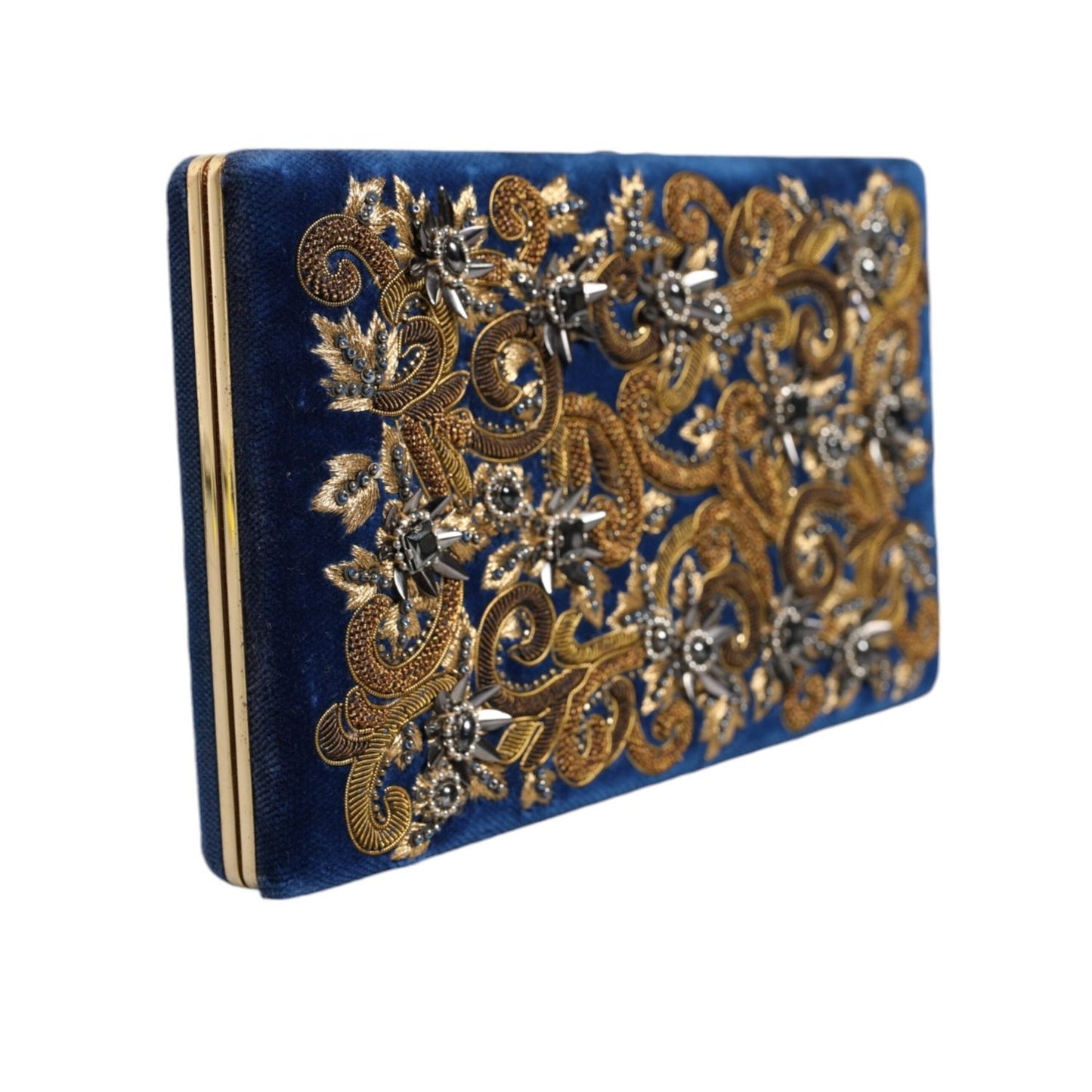 Dolce & Gabbana Blue Velvet Gold Frame Clutch Evening Party Purse Bag BAG1527